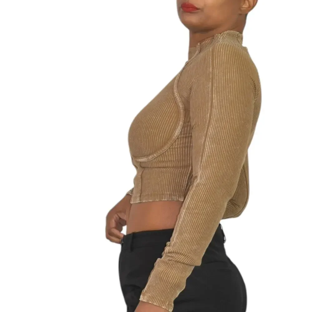 Fashion Nova Corset Crop Top Brown Washed Ribbed Long Sleeve Bustier Size Medium - Picture 7 of 15